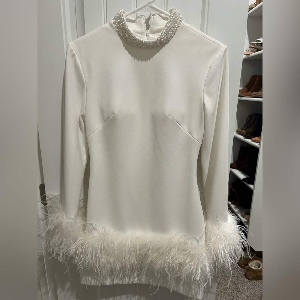 Untamed Petals White Long Sleeve Feather Dress